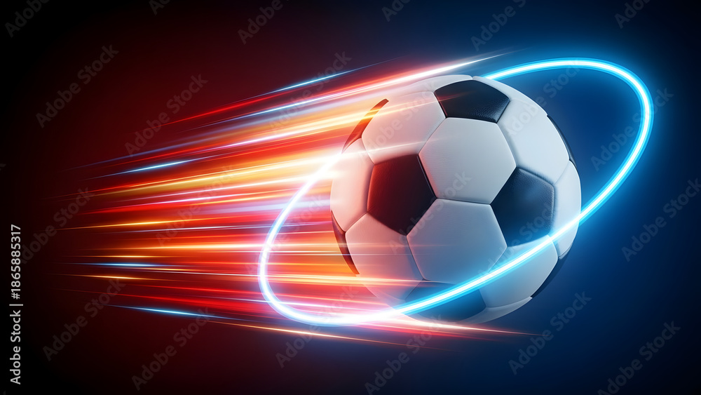 Fototapeta premium Soccer ball speeding with dynamic neon light trails and motion blur effect