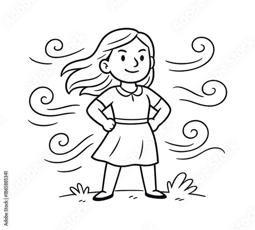 Empowered Woman Coloring. A woman holding her ground against adversity children?s coloring book illustration, outlined drawing, woman standing proudly with