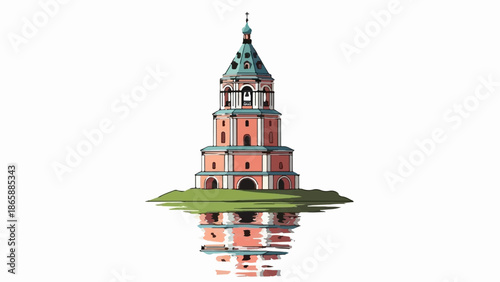 Pixelated bell tower with green base reflected in water