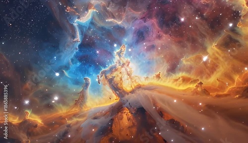 Vast Cosmic Nebula With Glowing Stars Vibrant Blue Orange Hues Deep Space Exploration Outer Galaxy Universe