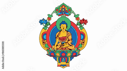 Colorful Buddhist deity in seated meditation, surrounded by ornate floral and symbolic elements