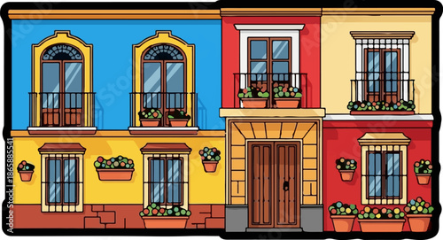 Colorful building with arched windows, balconies, and potted flowers