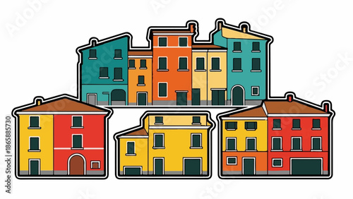 Colorful, cartoon-style houses in a row create a vibrant, whimsical urban landscape
