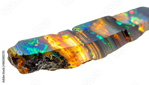 Cut and polished black opal gemstone exhibiting vibrant, iridescent colors