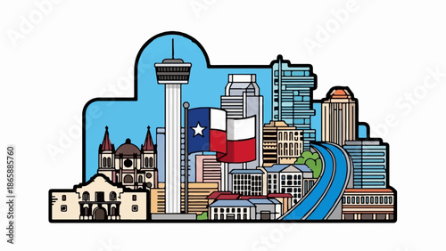 Colorful city skyline featuring famous landmarks and a state flag