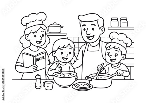 Family Cooking Fun. Family recipe cooking children?s coloring book illustration, outlined drawing, kids helping parents cook a cultural dish with simple