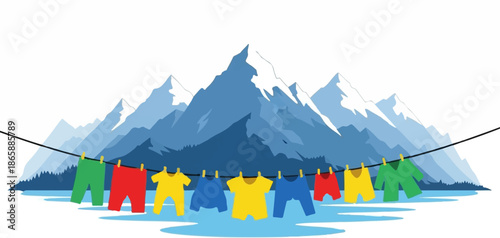 Colorful clothes drying on a line with snowy mountain backdrop