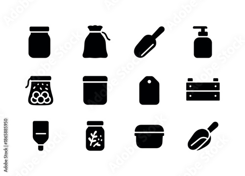 Zero-Waste Pantry Icons. Zero-waste pantry. Solid icon set of Zero-waste pantry: glass jars, cloth bag, bulk bin scoop, refill bottle, produce bag, metal tin,