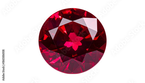 Vibrant, faceted, round gemstone with intense red color and facets