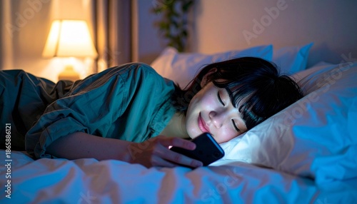 寝る前にスマホを見る女性 不眠イメージ　ブルーライト