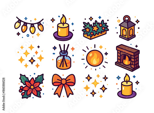 Colorful Holiday Icons. Holiday Ambience. Colorful isometric vector icons set of Holiday Ambience: warm lights, candle glow, table garland, mini lantern, soft