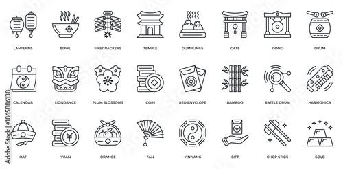 Lunar New Year Icon Set. Containing Lanterns, Firecrackers, Temple, Dumplings, Calendar, Coin, Yuan, Orange, Yin Yang, Gong, Gold Icon. Outline Style
