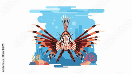 Colorful illustration of a striped lionfish with spiky fins, set against a stylized blue underwater backdrop with coral