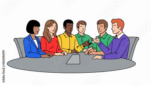 Diverse group of people in colorful attire engaged in discussion around an oval table