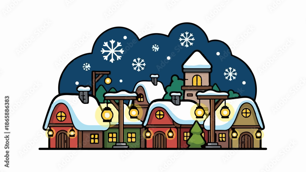 Obraz premium Cozy, snow-covered village with glowing lanterns under a starry night sky