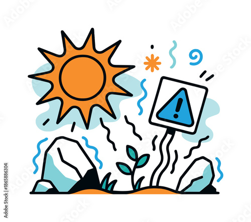 Heatwave Illustration. Heat Surge Impact. A bold sun icon emits sharp radiant spikes while objects nearby?rocks, signs, tiny plants?warp slightly from the