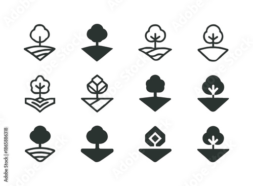 Emblematic Tree Icon Set. Land. Icon set. Set Logo of land: tree on land patch. harmonious logo variations of the same emblematic concept, each with different