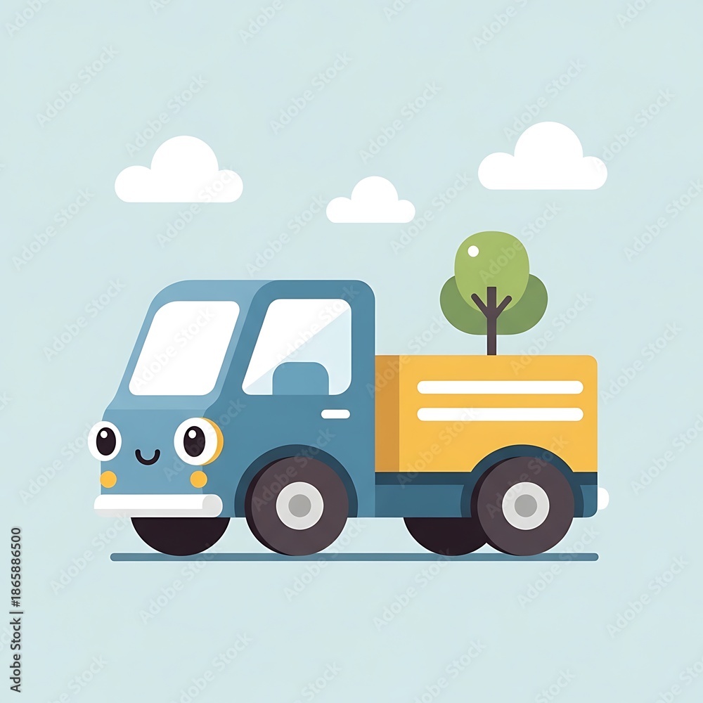 Fototapeta premium Smiling cartoon truck with tree.