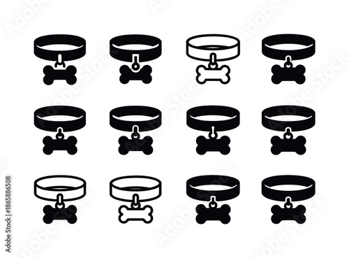 Dog Logo Variations. Dog. Icon set. Set Logo of Dog: dog collar with bone-shaped tag. harmonious logo variations of the same emblematic concept, each with