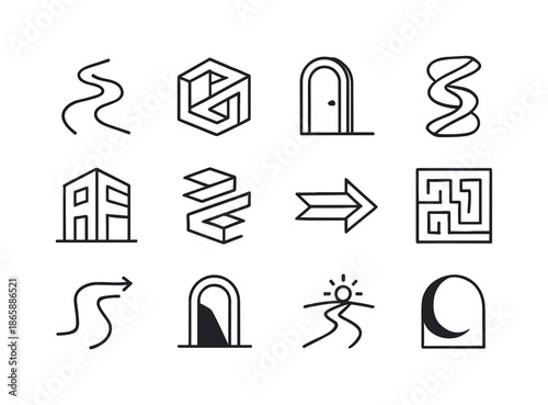 Illusion Icon Set. Illusion adventure. Line icon set of Illusion adventure: winding path, perception shift, hidden door icon, twisting shape, strange