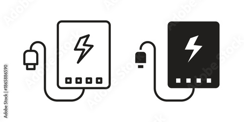 Power bank icons set designed in filled, outline, line and stroke style