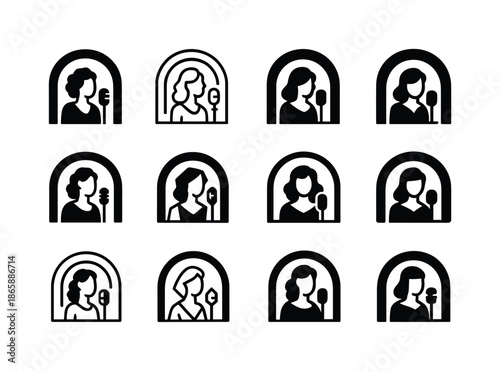 Jazz and Blues Icons. Jazz and blues vocal styles. Icon set. Set Logo of jazz and blues vocal styles: stage spotlight arc. harmonious logo variations of the