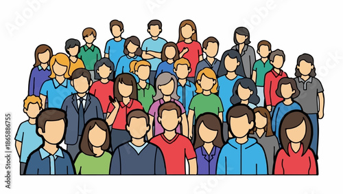 Diverse group of people in colorful clothing, illustrated cartoon style