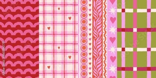 Vector set of seamless patterns, abstract hand-drawn quirky doodle love theme wallpapers, Valentine's day decorative wrapping paper and backgrounds with hearts and flowers