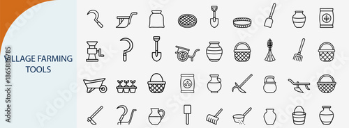Set of 36 Village Farming Tools Line Vector Icons
