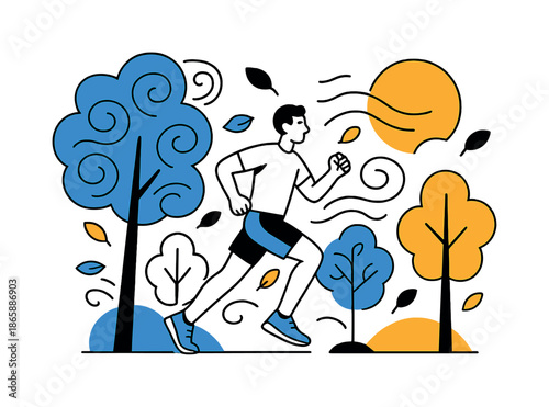 Morning Jog Whirlwind. Fresh Air Jog. A runner moves between abstract tree shapes with swirling air currents around them. Floating leaves and warm sun arcs