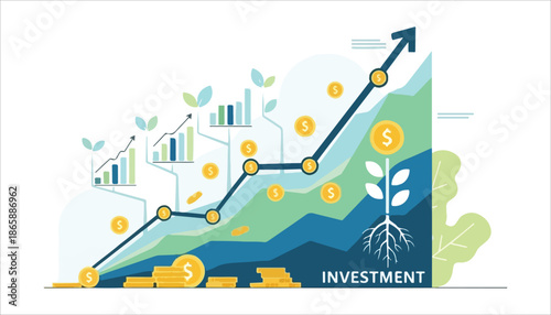Illustration depicting financial investment growth with an upward trending line graph, coins, and growing plants.