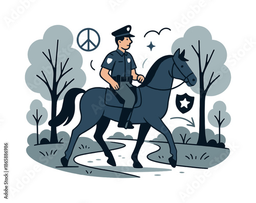 Mounted Park Patrol. Mounted patrol. A police officer on horseback surveys a park path, trees framing the quiet scene. Icons of peace, protection, and calm