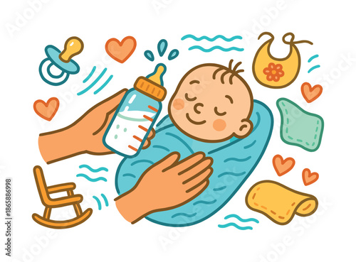 Baby Feeding Illustration. Feeding baby with bottle. Colorful Hand-drawn doodle Children illustration Feeding baby with bottle baby bottle, milk drops,