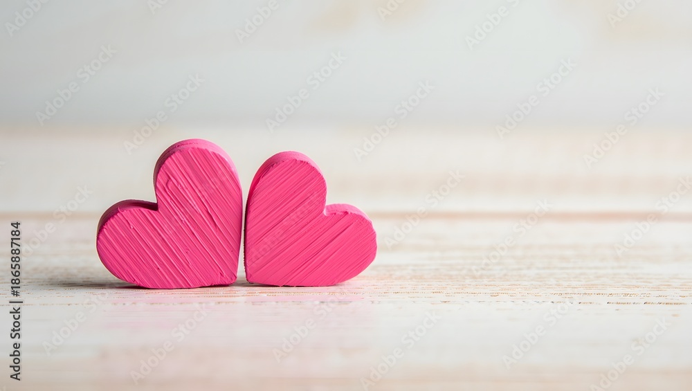 Fototapeta premium Minimalist Valentine Day Concept with Pink Hearts on Light Wood