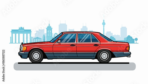 Pixelated red sedan with city skyline silhouette in the background