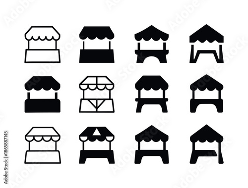 Sunday Market Icons. Sunday market mornings. Icon set. Set Logo of Sunday market mornings: outdoor market stalls. harmonious logo variations of the same
