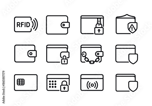 Wallet Security Icons. Wallet security. Line icon set of Wallet security: RFID block icon, snap button, secure zip, anti-theft feature, wallet lock icon, card