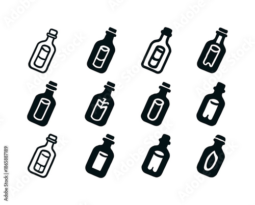 Message in Bottle Emblems. Message in bottle. Icon set. Set Logo of message in bottle: rolled scroll inside. harmonious logo variations of the same emblematic