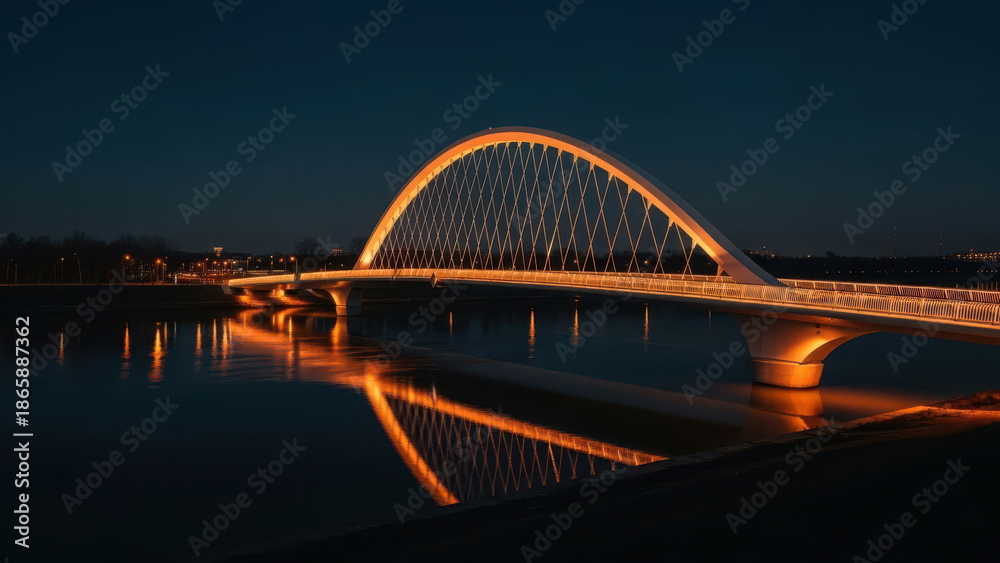 Naklejka premium Illuminated Bridge Over Calm River at Night