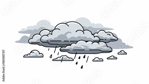 Gray clouds with rain drops falling, in a minimalist line art style