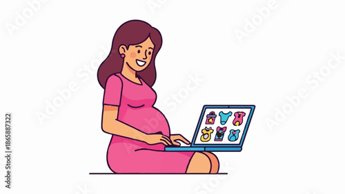 Pregnant woman browses baby clothes online with a laptop