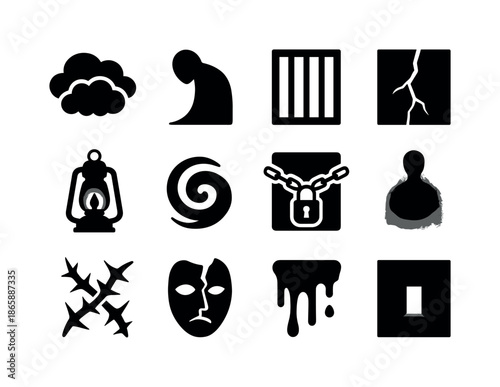 Dark Icon Set. dark, oppressive atmosphere. Solid icon set of dark, oppressive atmosphere: heavy clouds, looming shadow, barred window, cracked wall, dim