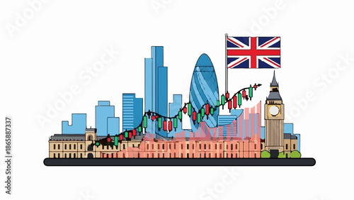 London skyline with stock market graph and Union Jack flag