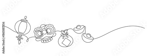 chinese new year one line drawing continuous decorative copy space minimalist art celebration event. Lion dance,paper lantern festival greeting