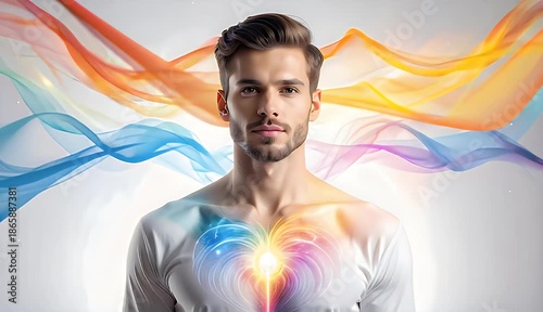 Vibrant Man With Colorful Energy Waves Flowing Around His Head and Chest Against A White Background With Soft Lighting