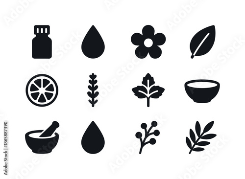 Essential Oils Icons. Essential oils. Solid icon set of Essential oils: bottle, drop, flower, leaf, citrus, lavender, peppermint, bowl, mortar and pestle,