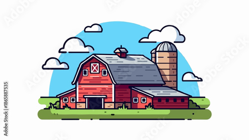 Red barn with silo under a blue sky with white clouds on green grass