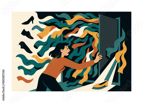 Morning Closet Chaos. Morning rush. Character opening a closet bursting with swirling clothing shapes; shoe silhouettes drifting upward. Light beams