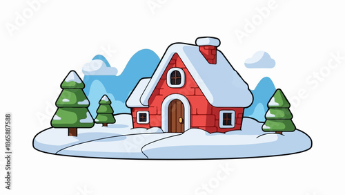 Red brick house in snowy landscape with evergreen trees and blue hills