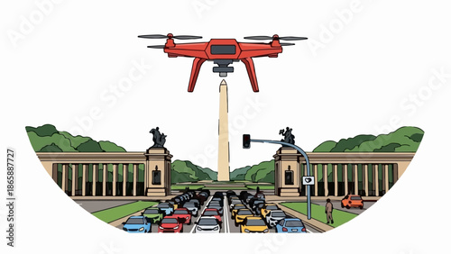 Red drone flies above traffic jam before monument and classical buildings